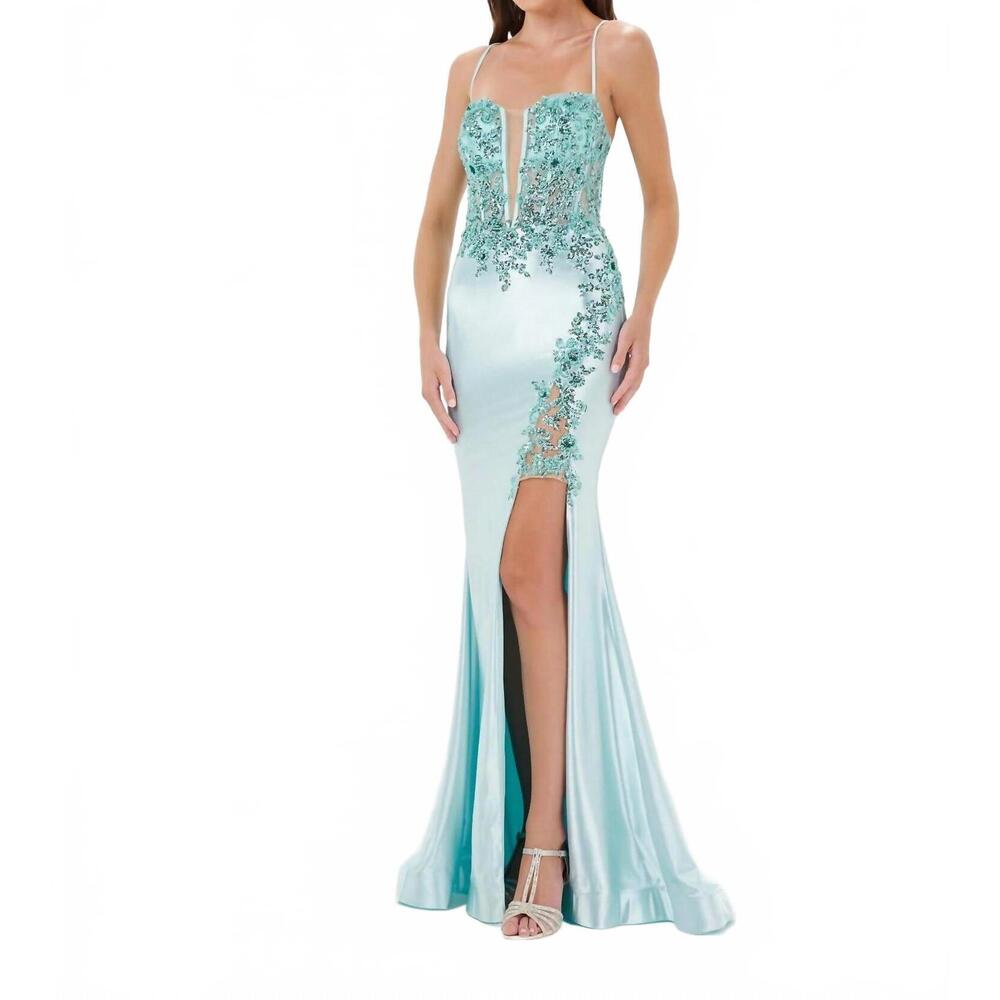 NEW HOUSE OF WU fitted beaded spandex slit gown in ice blue